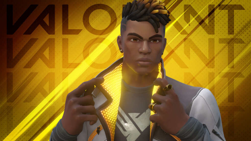 Pheonix from VALORANT pops his collar against a yellow backdrop